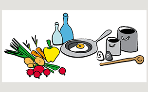 Zeichnung mit Gemüse und Kochgeschirr