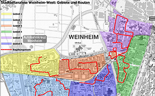 Strassenkarte von Weinheim und seinen Stadtteilen; eingezeichnete Begehungsroute