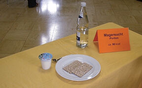 Kleines Joghurt,Knäckebrot auf einem Teller und Wasser,daneben ein Schild mit der Kalorienangabe