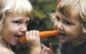 Zwei Kinder knabbern rechts und links an einer Karotte